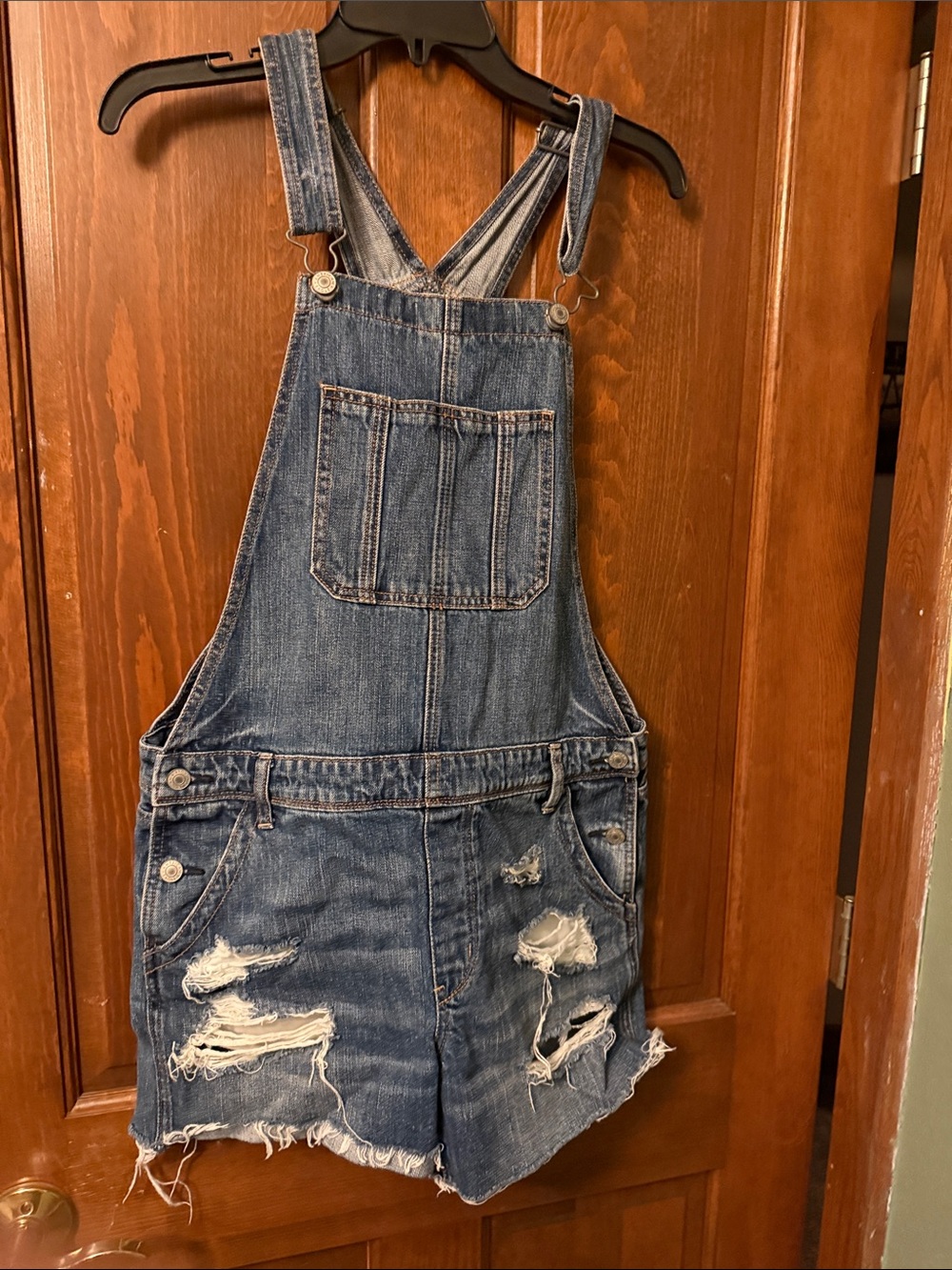 American Eagle Outfitters Distressed Blue Denim Short Overalls